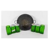 Kitchenwares,  tin colander and six glass spice