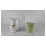 Bone china pitcher, crystal etched vase and