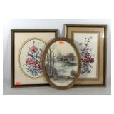 Framed wall art, oval lake scene 11x17 and two