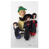 Four small dolls, three amish, 5"-8.5"
