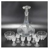 Etched glass decanter with eagle, pressed glass