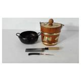 Kitchenwares, includes engraved wooden and brass