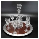 Etched crystal decanter and glasses, with tray,