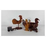 Country craft decor, wooden chicken, cat and