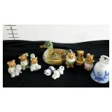 Homco teddy bears, a mallard, a bell, two Asian