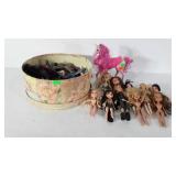 Hat box full of bratz dolls, barbie dolls,