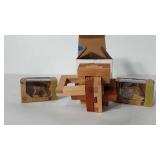 Puzzles, includes two bamboo puzzles in boxes and