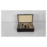 Wooden jewelry box and contents, 10" × 6" × 3"