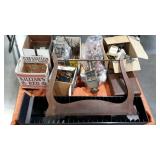 Skid lot: includes towel rack, VHS stand, glass