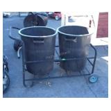 Home Owners Trash Can Rack with 2 poly cans, used