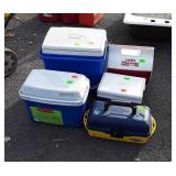 4 Coolers and a Flambeau Tackle box with a few