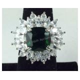 Simulated emerald and diamond ring silvertone