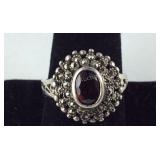 Garnet & Marcasite Ring Signed NF, 6.9 grams