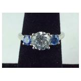3-Stone White & Blue CZ Ring, 3.1 grams Sterling