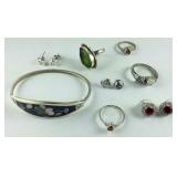 Silvertone jewelry, bracelet, rings, and earrings