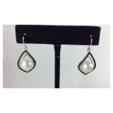 Pearl & Black Diamond Fish Hook Earrings, 6.9