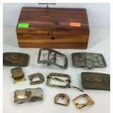 Wooden jewelry chest with belt buckles