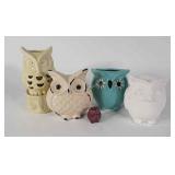 Ceramic owl group, five, votive holders, shaker,