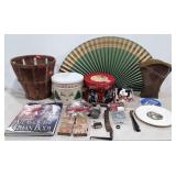 Mixed group, draw knife, tins, basket, Atlas of