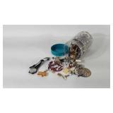 Jar full of jewelry, bracelets, earrings,