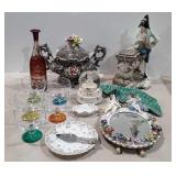 Glassware, porcelain mirror, snowglobe and more,