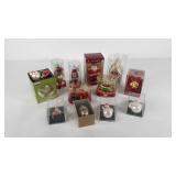 Fifteen glass holiday ornaments,  most with boxes