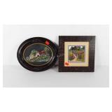 Two cottage themed needlework pictures, gate in