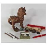 Asian decor, baoding balls, ceramic statue, sushi