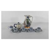 Asian style teapot, creamer, cups & saucers and