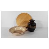 Pottery vase, 13" bowl and 15" wooden lazy susan