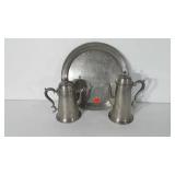 Colonial pewter serving tray and two teapots, by