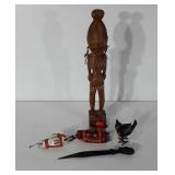 Wooden art decor, includes knife, bird figurine,