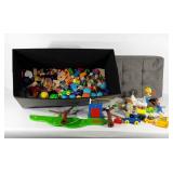 Storage ottoman with toys, has damage to lid, 30"