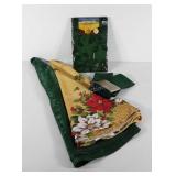 Holiday table linens, two 70" round, one 60"