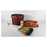 Fall decor group, basket full of poly canisters,