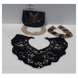 Beaded purse and collars.  One is marked (per