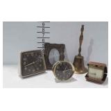 Vintage alarm clocks, brass bell and picture frame