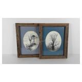 Two prints by local artist K.B. Getz,  barnwood
