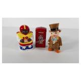 Three banks, tin phone booth, ceramic football