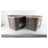 Two Homz 20 gallon totes with warped lids