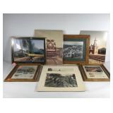 Nine train pictures and advertisements, some