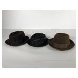 Three fedora hats, Stetson, Champ and Penney