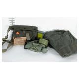 Military style kit bag, shell dressing, gas mask