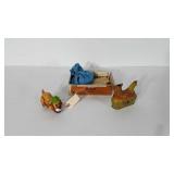 Tin toys and cigar box with bingo cards, includes