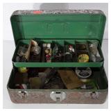 Metal tackle box, includes lures, hooks, weights,