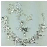 Silvertone dragonfly necklace18in , bracelet