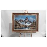 Framed mountain landscape painting on canvas, 44"