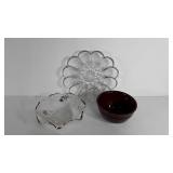 Glass egg plate, pottery 6" bowl and silver