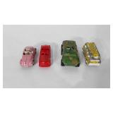 Four toy cars, includes buzy bee bus, tank, and
