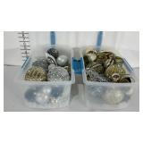 Silver and gold ornaments, two 10 x 15 x 6 totes